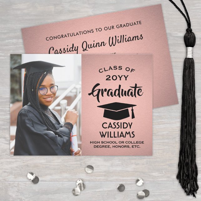  Class Year Pink Ombre and Black Graduation Photo Invitation (Creator Uploaded)