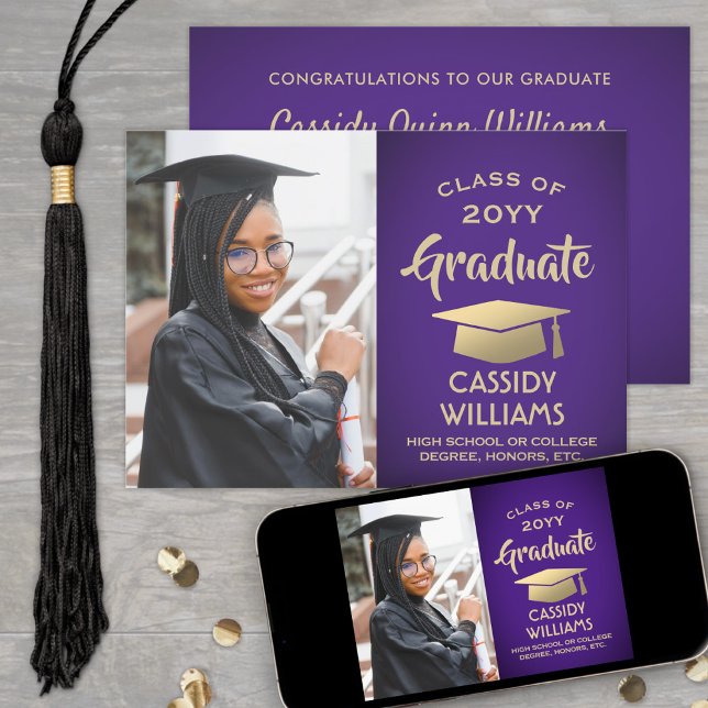 Class Year Purple and Gold Modern Graduation Photo Invitation (Creator Uploaded)