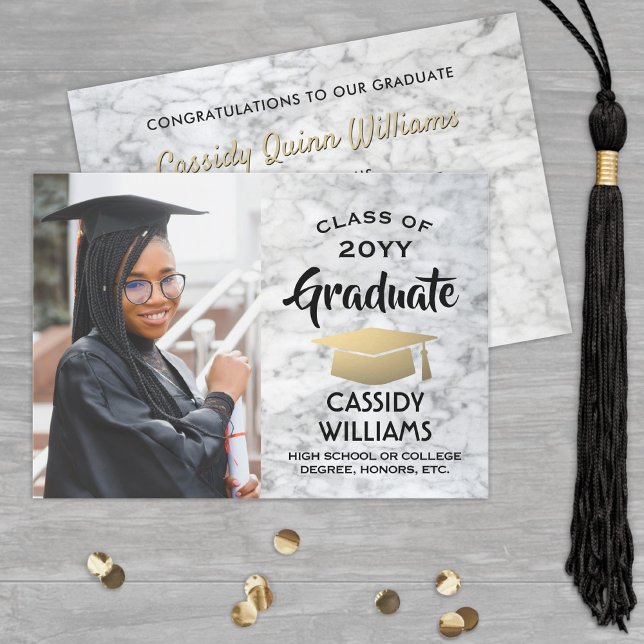 Class Year White Marble and Gold Graduation Photo Invitation (Creator Uploaded)
