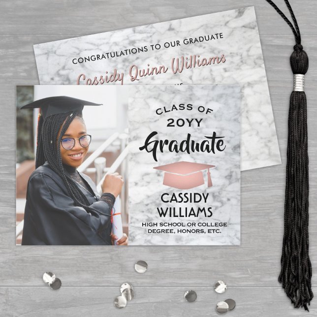 Class Year White Marble & Pink Graduation Photo Invitation (Creator Uploaded)