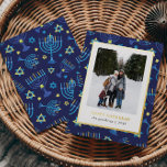 Classi Blue gold Menorah Stars 3 Photos Hanukkah<br><div class="desc">Light up the season with this bold and stylish Hanukkah photo card! Featuring a modern menorah and star pattern in classic blue hues and luxe gold foil accents, it’s designed to make your holiday photo shine. The front showcases your favourite vertical family or couple photo in a sleek white frame...</div>