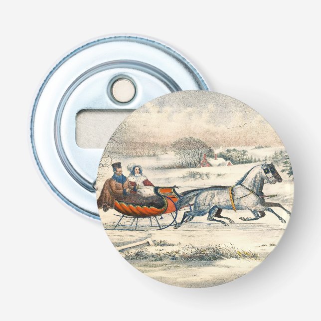 Classic 1853 Sleigh Ride Currier Ives Road Winter Bottle Opener (Front)