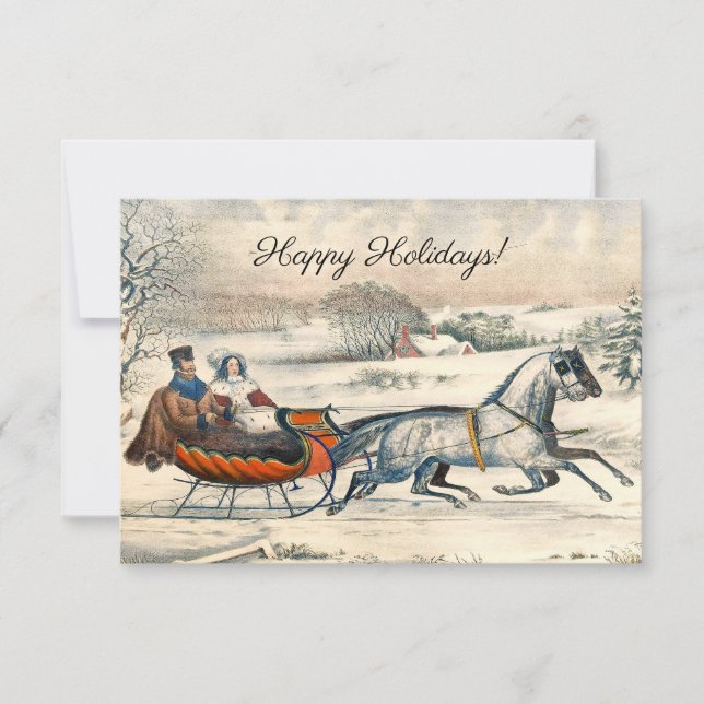 Classic 1853 Sleigh Ride Currier Ives Road Winter Card (Front)