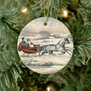 Classic 1853 Sleigh Ride Currier Ives Road Winter Ceramic Tree Decoration