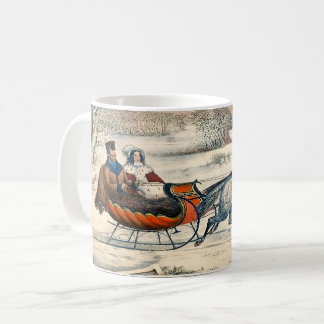 Classic 1853 Sleigh Ride Currier Ives Road Winter Coffee Mug (Front Left)