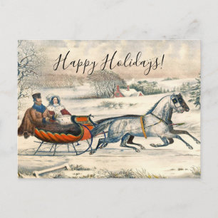 Classic 1853 Sleigh Ride Currier Ives Road Winter Holiday Postcard