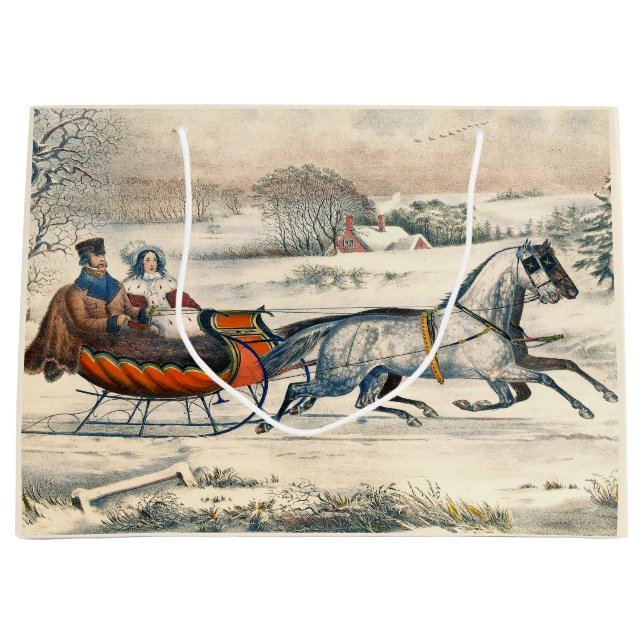 Classic 1853 Sleigh Ride Currier Ives Road Winter Large Gift Bag (Front)
