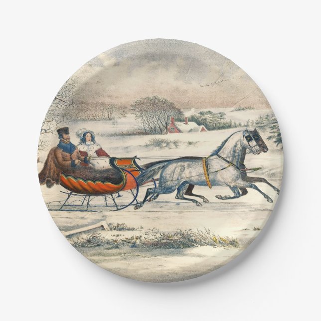 Classic 1853 Sleigh Ride Currier Ives Road Winter Paper Plate (Front)