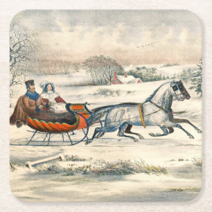 Classic 1853 Sleigh Ride Currier Ives Road Winter Square Paper Coaster