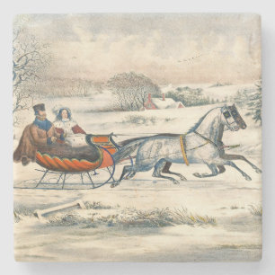 Classic 1853 Sleigh Ride Currier Ives Road Winter Stone Coaster
