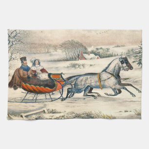 Classic 1853 Sleigh Ride Currier Ives Road Winter Tea Towel