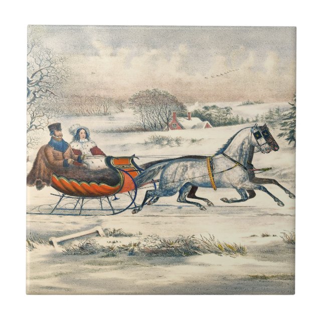 Classic 1853 Sleigh Ride Currier Ives Road Winter Tile (Front)