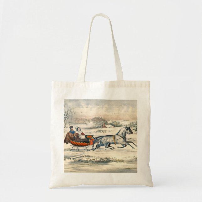 Classic 1853 Sleigh Ride Currier Ives Road Winter Tote Bag (Front)