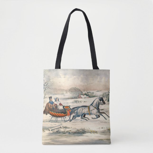 Classic 1853 Sleigh Ride Currier Ives Road Winter Tote Bag (Front)