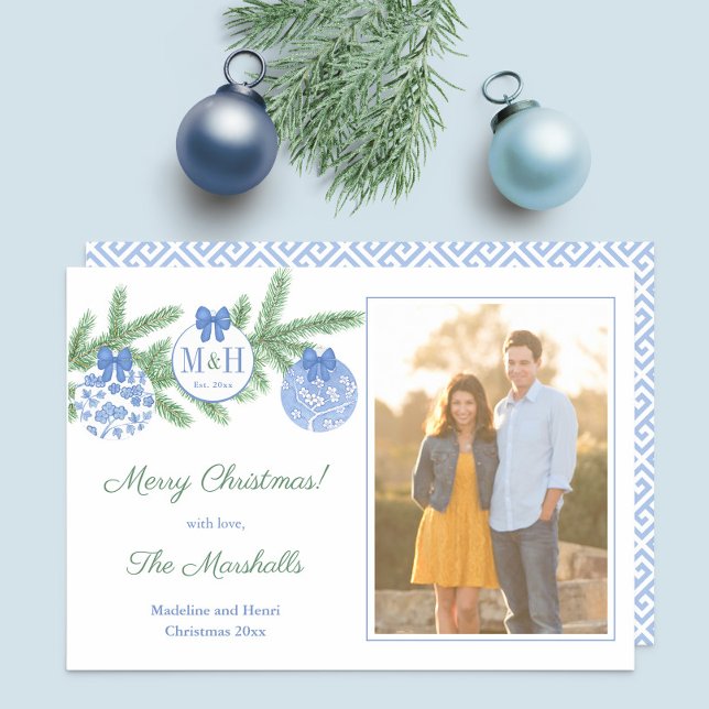Classic 1st Married Christmas Newlyweds Picture Holiday Card (Our First Christmas Blue And White Chinoiserie ornaments monogram photo Holidays card)