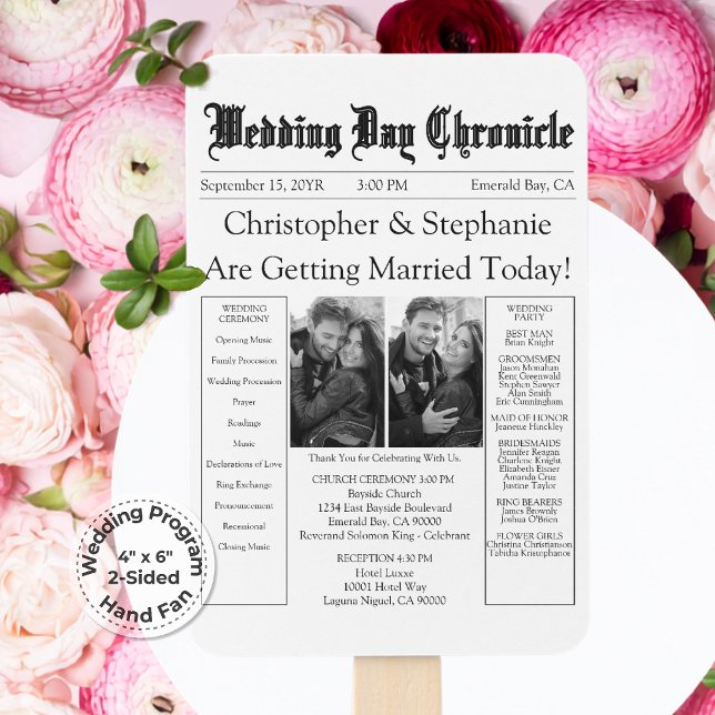 Classic 2 Photo QR Code Newspaper Wedding Program Hand Fan (Minimalist 1 Black & White Photo QR code Wedding Timeline White Newspaper Program Hand Fan)