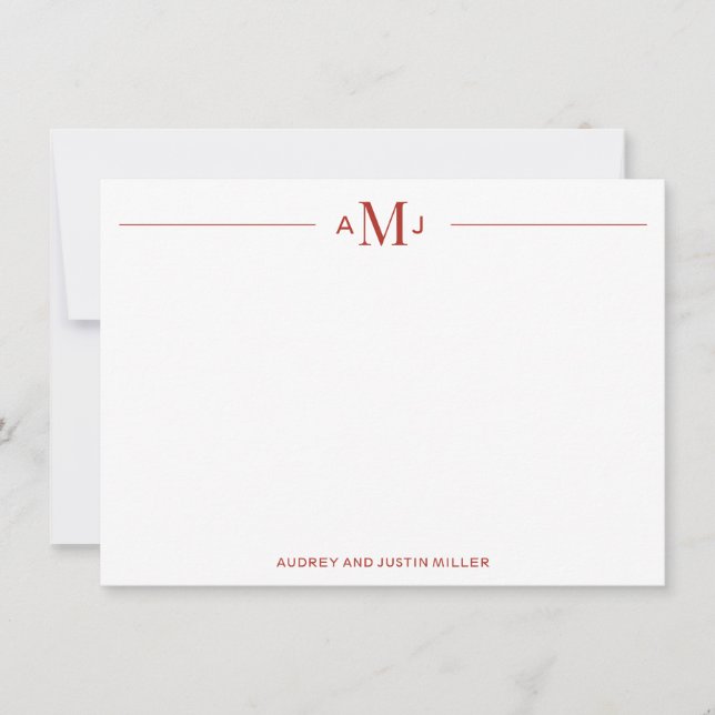Classic 3-Letter Monogram, Red Personalised Flat Card (Front)