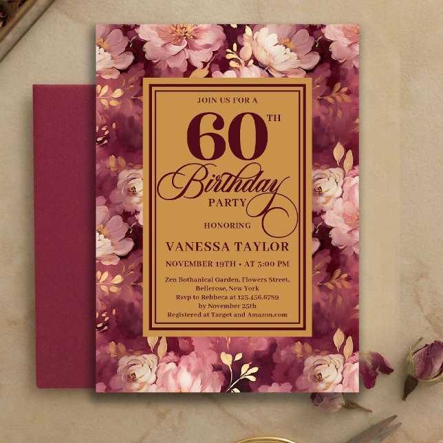 Classic 60th Birthday Deep Red Blush Gold Invites (Classic 60th Birthday Deep Red Blush Gold Invitation)