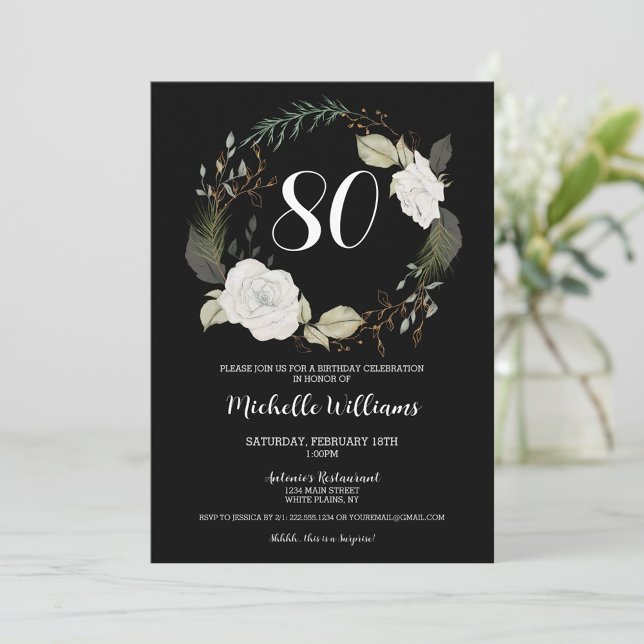 Classic 80th Birthday Party Floral Wreath Gold Invitation (Creator Uploaded)