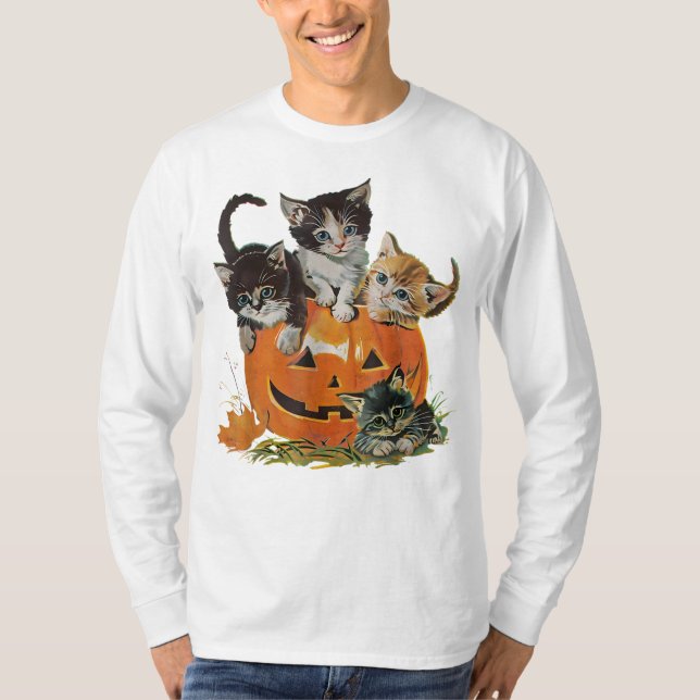 Classic 90s Cat Pumpkin Halloween Retro Floral Spo T-Shirt (Front)