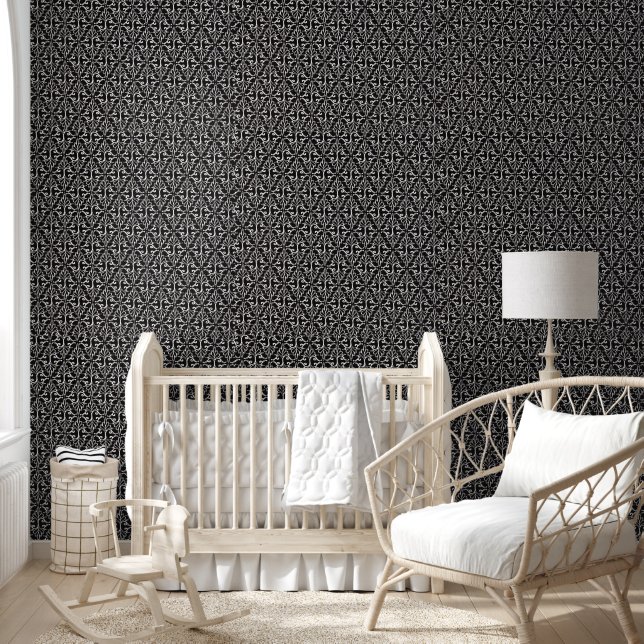 Classic Abstract Damask Pattern black White Scroll Wallpaper (Kids)