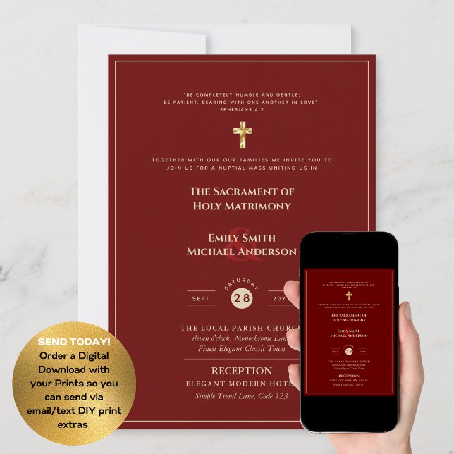 CLASSIC All-in-1 Burgundy Gold Catholic Wedding Invitation (Creator Uploaded)