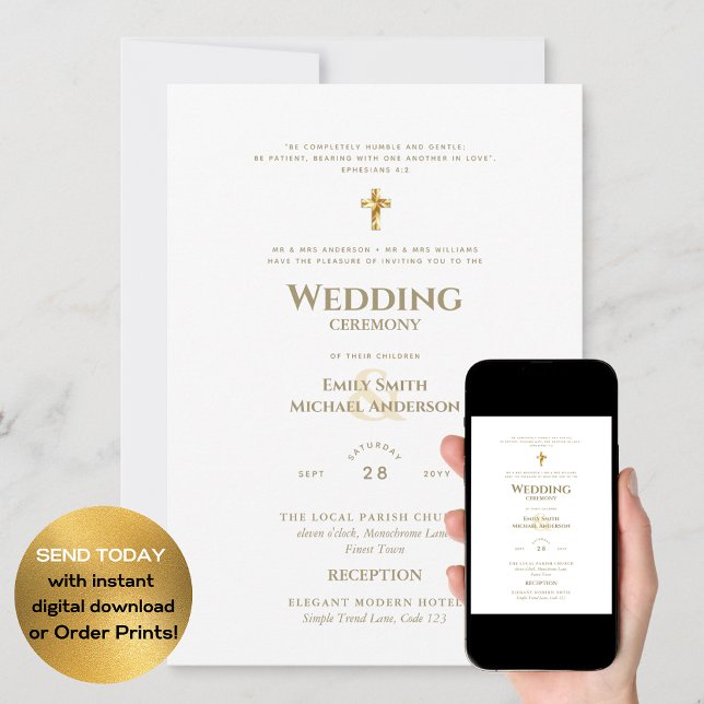CLASSIC  All-in-1 White Gold Text Catholic Wedding Invitation (Creator Uploaded)