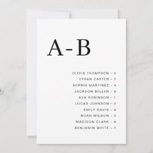 Classic Alphabetical Wedding Seating Chart Card