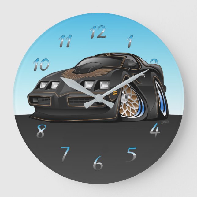 Classic American Black Muscle Car Cartoon Large Clock (Front)