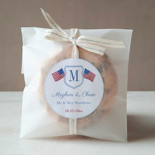 Classic American Flag Monogram Wedding Favour Round Sticker
