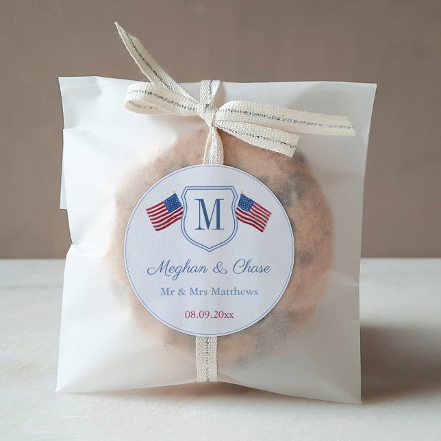 Classic American Flag Monogram Wedding Favour Round Sticker (Red White And Blue USA Flags Monogram Wedding Crest Favor Thank You Sticker )