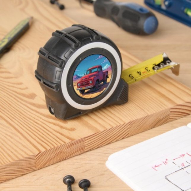 Classic American Pickup 1 (Vintage Red Truck Desert Moon tape measure  inches on one side with metrics on the other. 
)