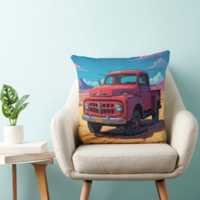 Classic American Pickup  Cushion (Retro Red Pickup Truck pillow high quality 100% polyester hidden zipper enclosure. Made in the USA. )