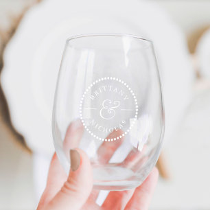 Classic Ampersand Dot Border Personalised Wedding Stemless Wine Glass