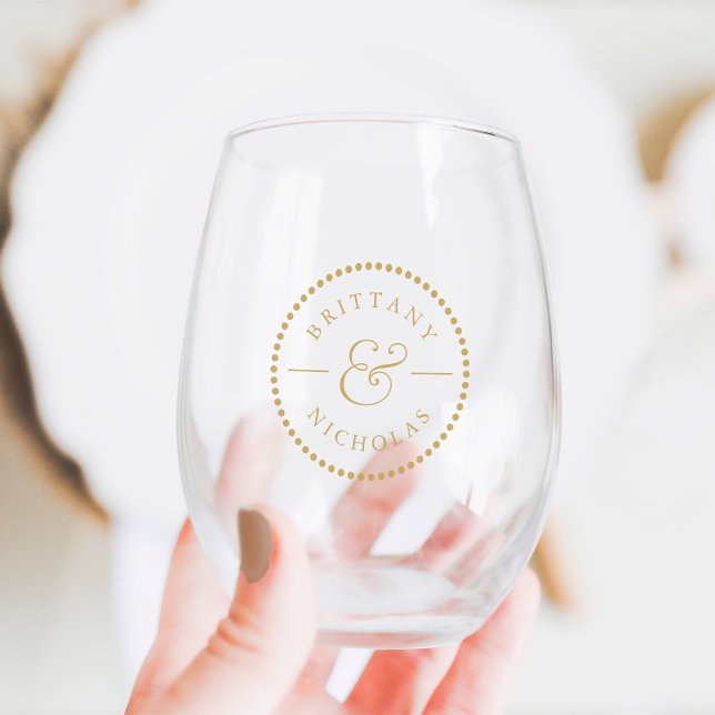 Classic Ampersand Dot Border Personalised Wedding Stemless Wine Glass (Creator Uploaded)