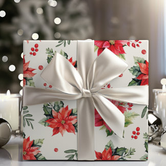 Classic And Charming Red Poinsettias And Berries Wrapping Paper