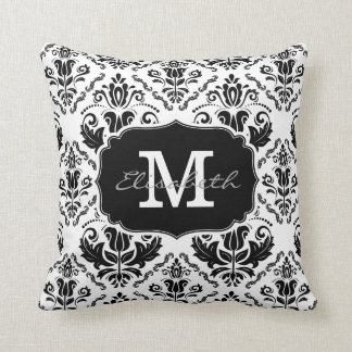 Classic and Chic Black White Damask Monogram Name Cushion