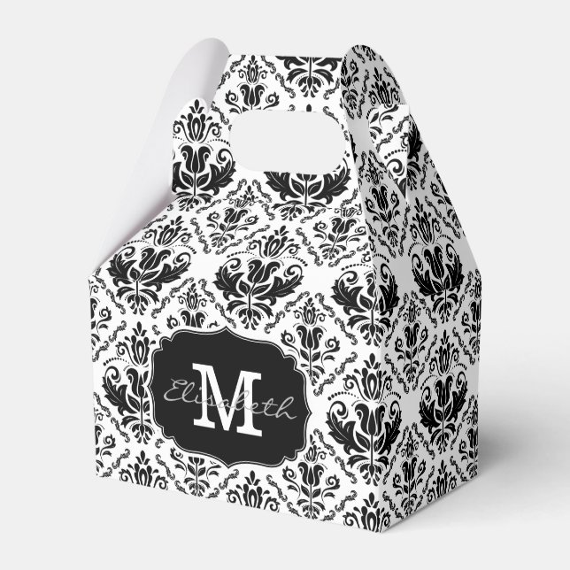 Classic and Chic Black White Damask Monogram Name Favour Box (Front Side)