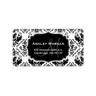 Classic and Chic Black White Damask Monogram Name Label