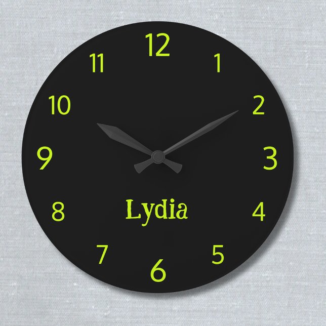 Classic and Elegant Black and Lime Yellow Name  Large Clock (Creator Uploaded)