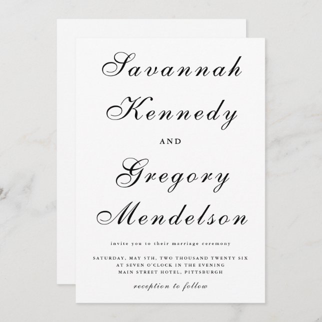Classic and Elegant Script Black and White Wedding Invitation (Front/Back)