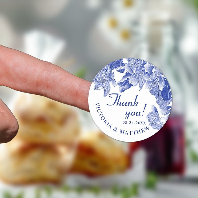Classic and Modern Blue White Floral Thank You Round Sticker (Creator Uploaded)