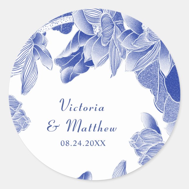 Classic and Modern Blue White Floral Wedding  Round Sticker (Front)