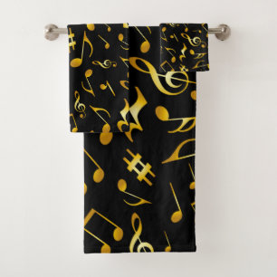 Classic and Simple FAUX Gold Music Notes on Black Bath Towel Set