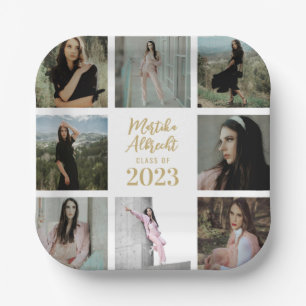 Classic and Simple White Graduation Photo Grid Paper Plate
