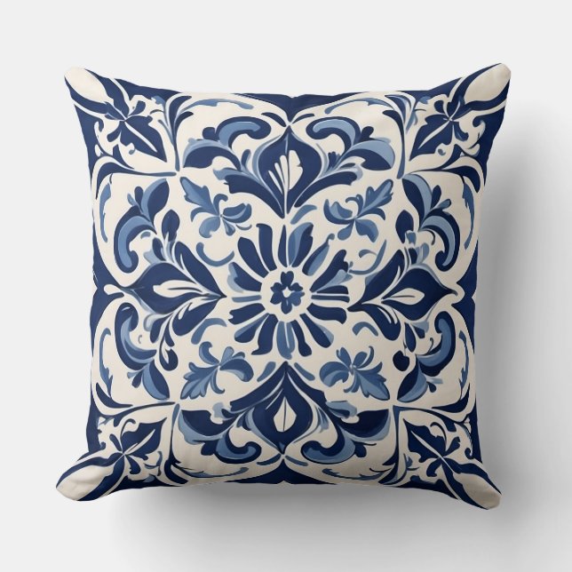 Classic Andalusian Mosaic ,Blue and White Cushion (Front)