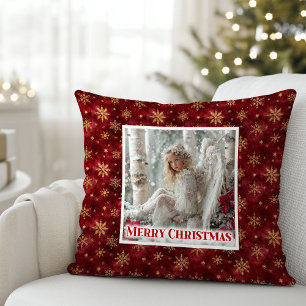 Classic Angel Poinsettia Red Gold Holiday Christma Cushion