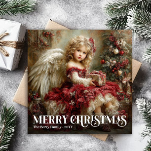 Classic Angelic Victorian Christmas Card Deep Red