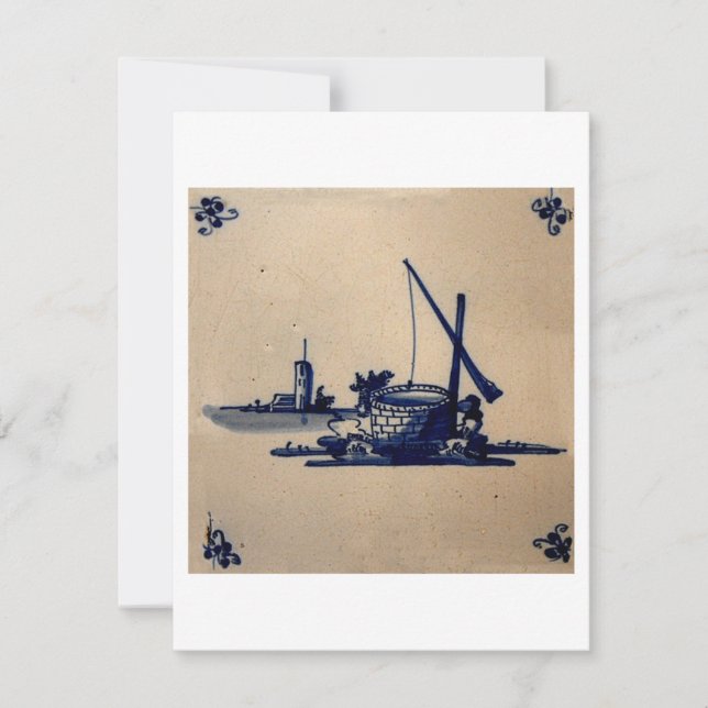 Classic Antiquarian Delft Blue Tile - Water Well Invitation (Front)