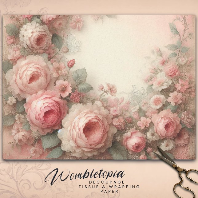 Classic Antique Pastel Pink Rose  Floral Decoupage Tissue Paper (Creator Uploaded)